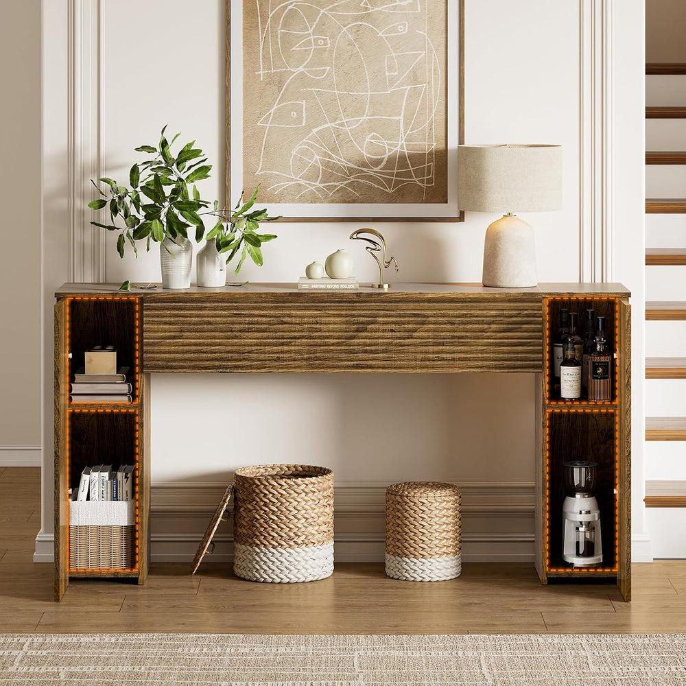 FABATO 61” Fluted Long Console Table with 2 Hidden Storage Cabinets, Brown