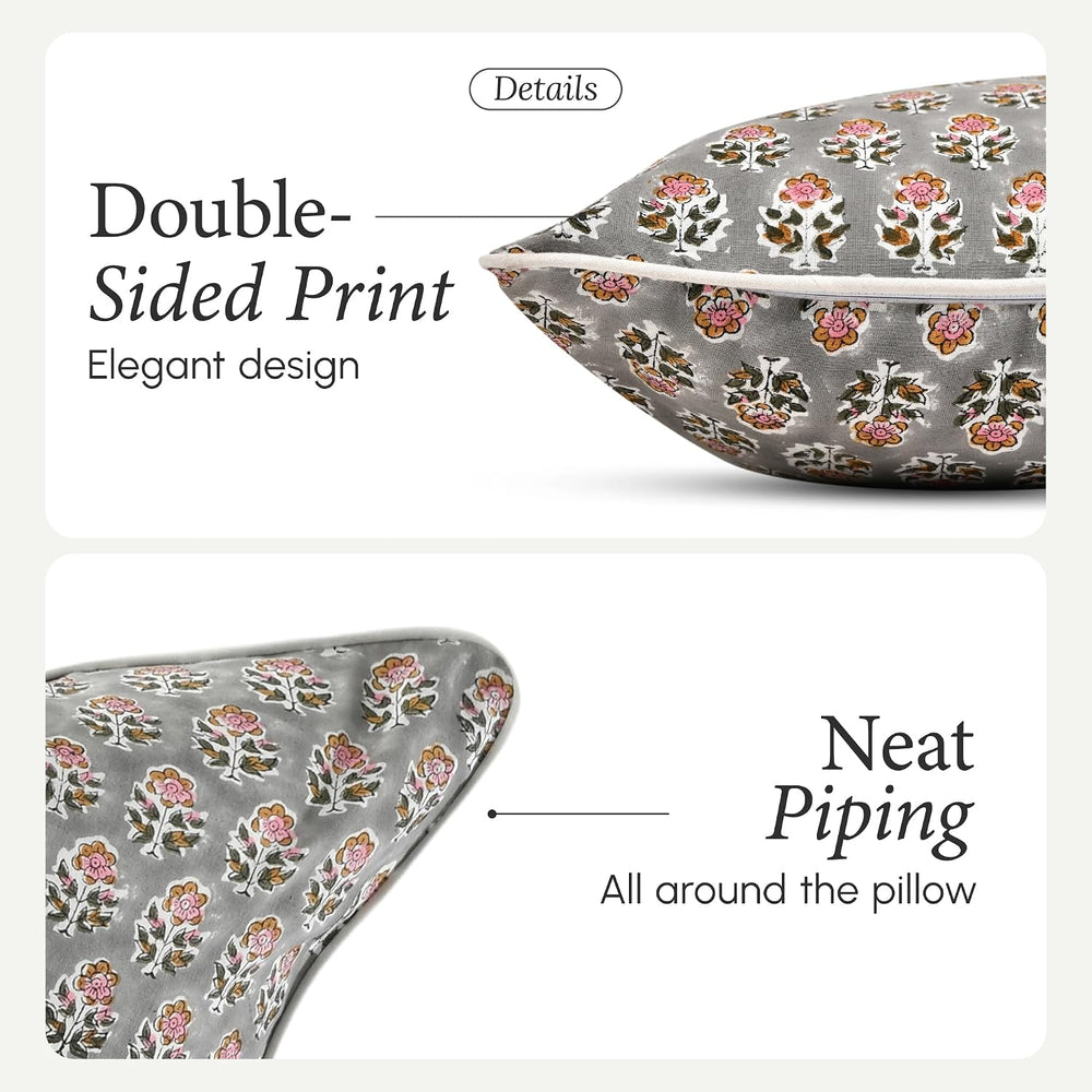 CPC Labra Grey Block Print Throw Pillow Covers 18x18 Inch, Pack of 2