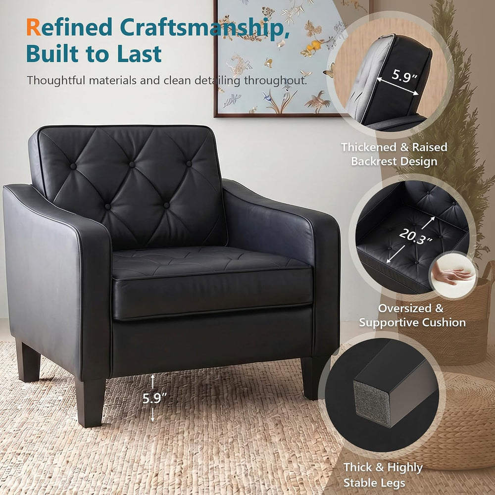 Black Tufted Leather Accent Chairs Set 2, Wide Armchairs Living Room Office
