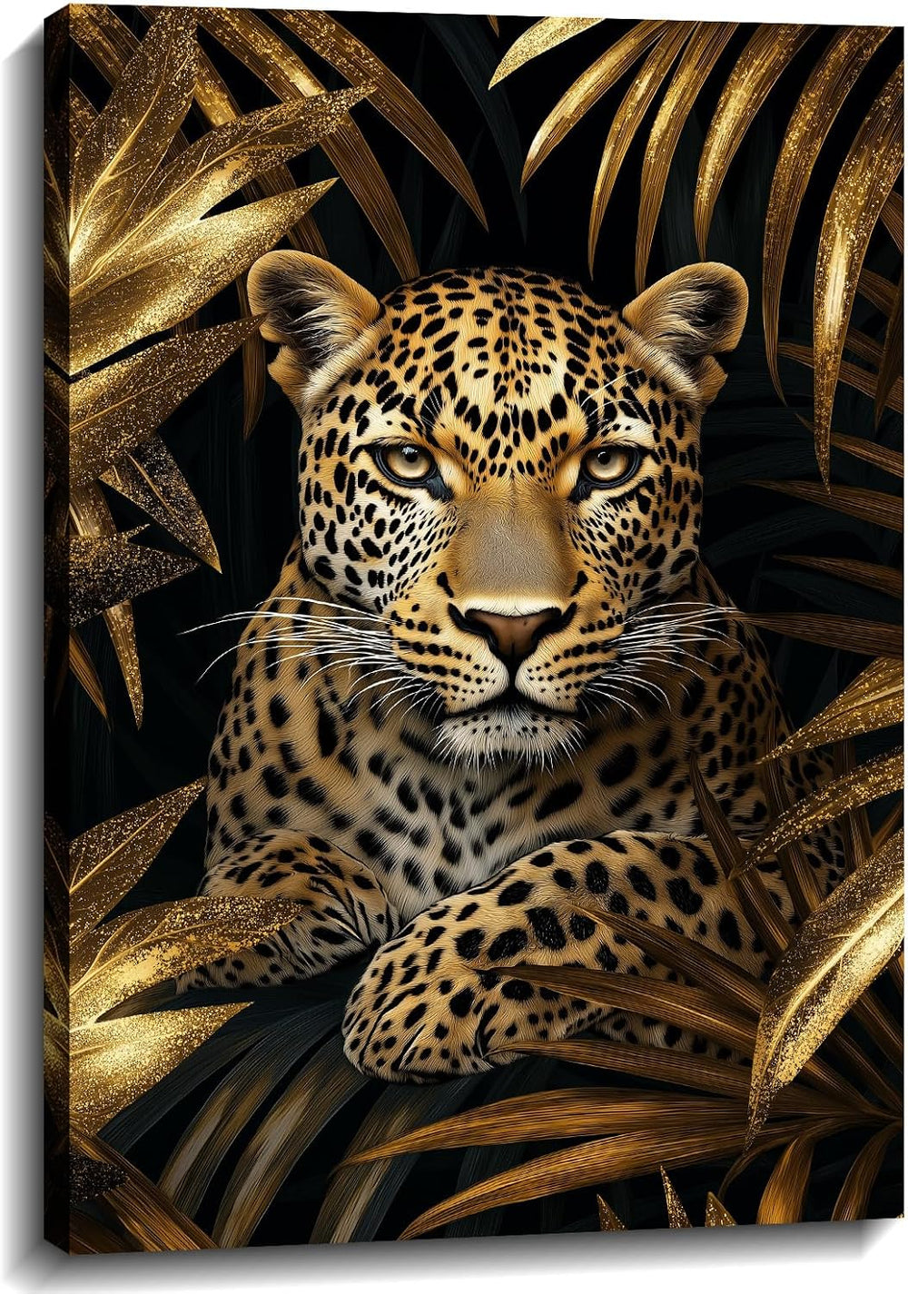 Leopard Canvas Wall Art Gold Leaves Picture Black Poster African Theme Jungle...