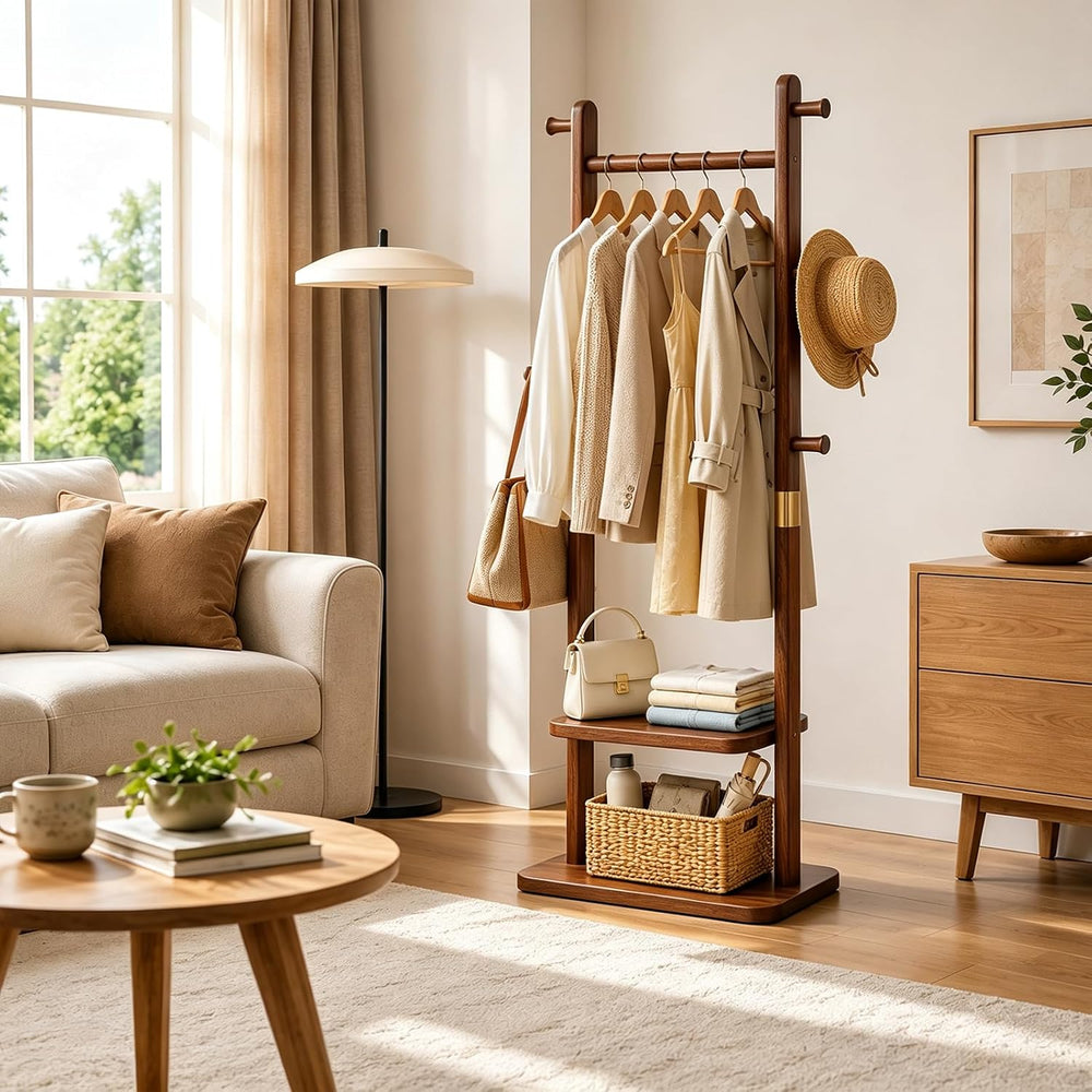 Taitiy Solid Wood Coat Rack, Freestanding Clothing Rack with 2 Shelves Storag...