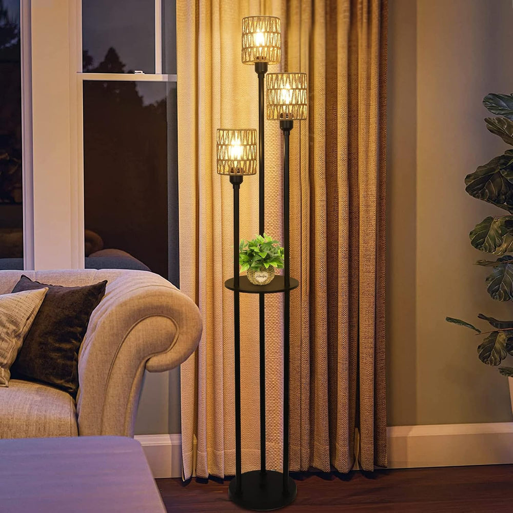 Boho Floor Lamp with Shelves, 3-Lights Farmhouse Tall Floor Lamp with ON/Off ...
