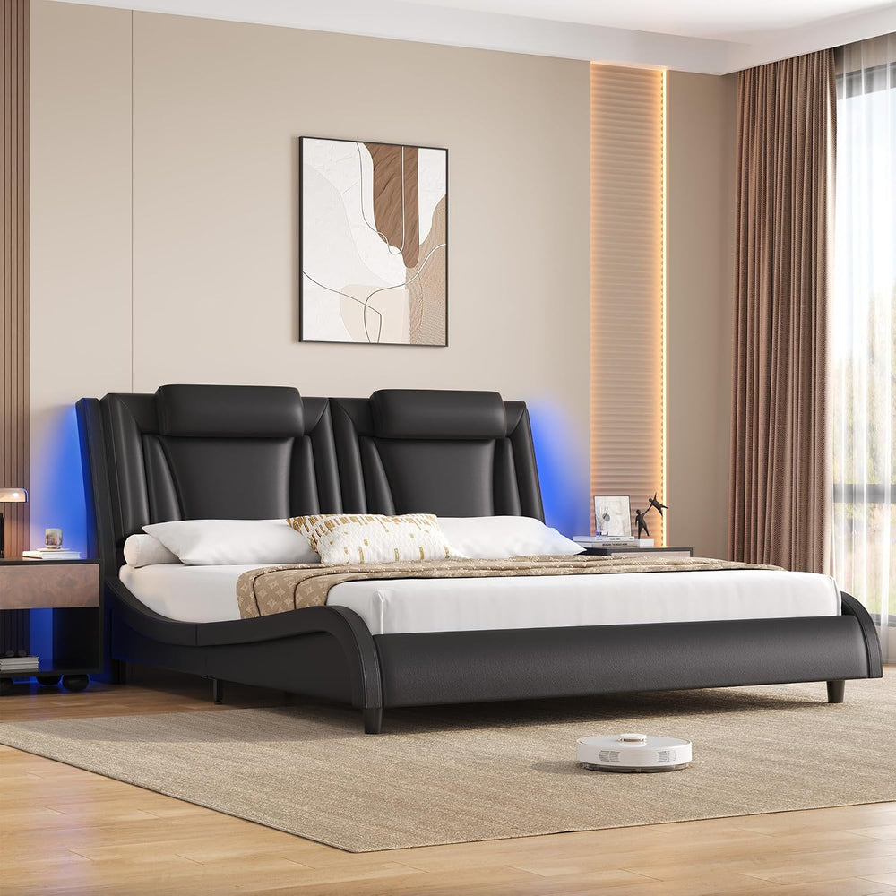 Keyluv Queen LED Upholstered Bed Frame with Adjustable Headboard, Black