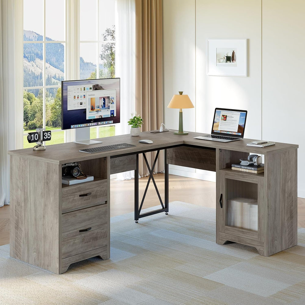 Bestier 63"x47" L Shaped Office Computer Desk with Charging Station...