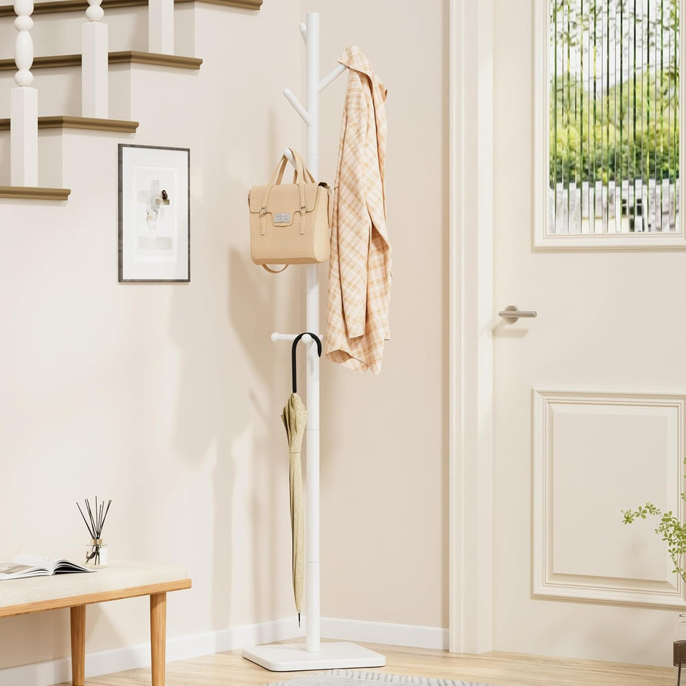 Nianerfaya Solid Wood Coat Rack, Free Standing Hall Coat Tree, White