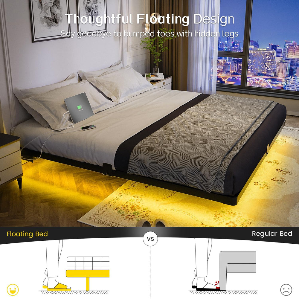 OLEVS King Size Floating Bed Frame Metal with LED Light & Charging Station