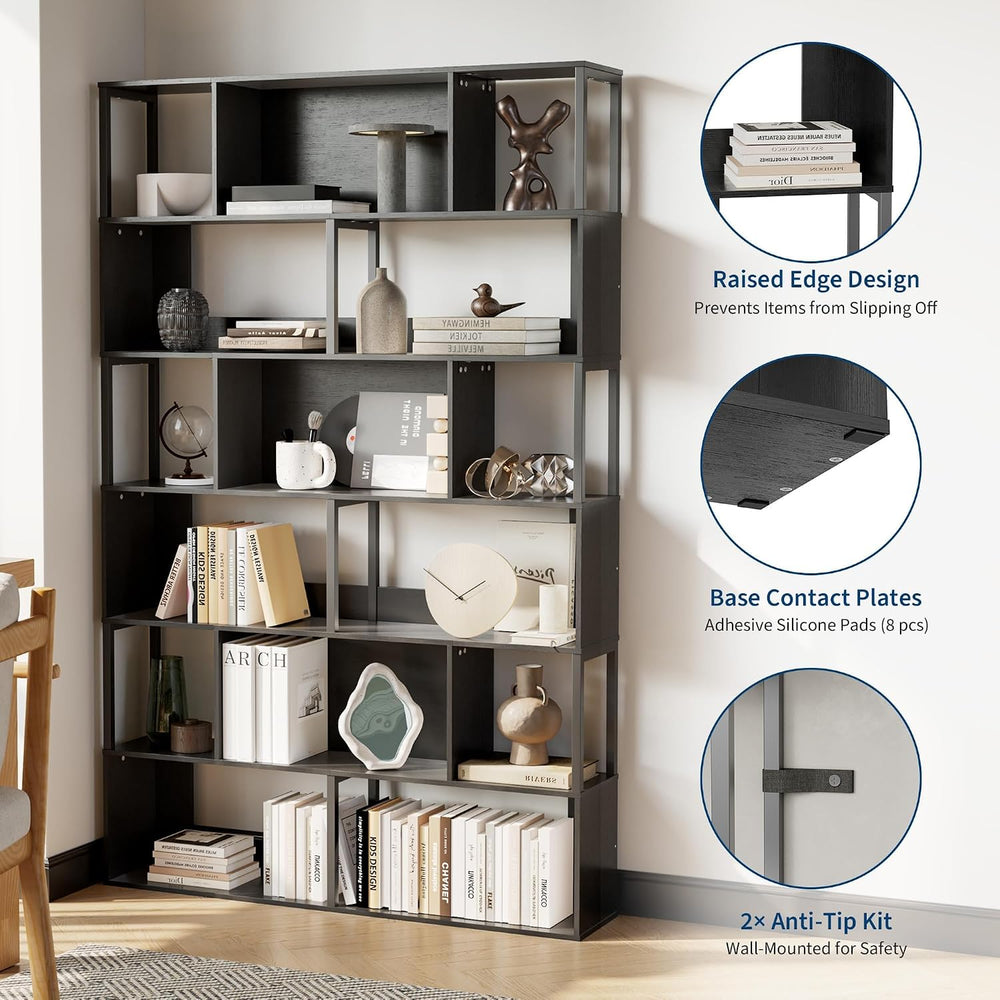 Garvee 6-Tier Bookshelf, Tall Geometric Bookcase, Modern Room Divider & D...