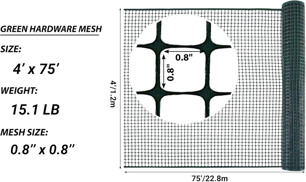 PotatoLife Green Plastic Garden Fence, Hardware Mesh, 4' x 75'