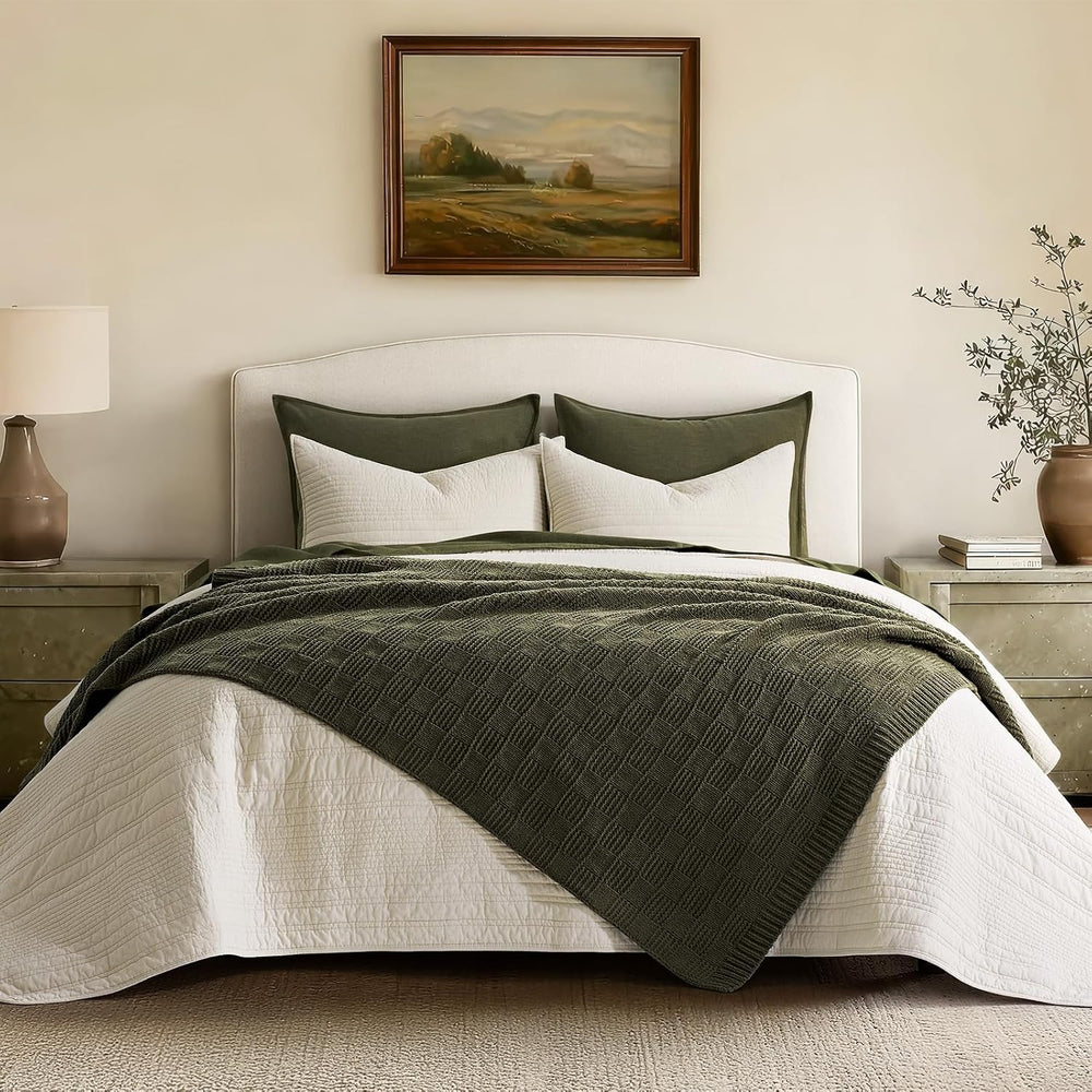 EVERGRACEHOME Modern Checkered Chenille Throw Blanket, 50x60, Olive Green