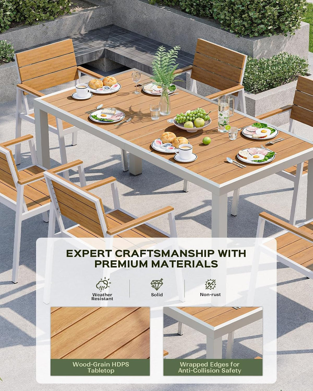 Vexwalx 10 Pcs Outdoor Dining Set, 67" HDPS Dining Set for 8, White-Teak