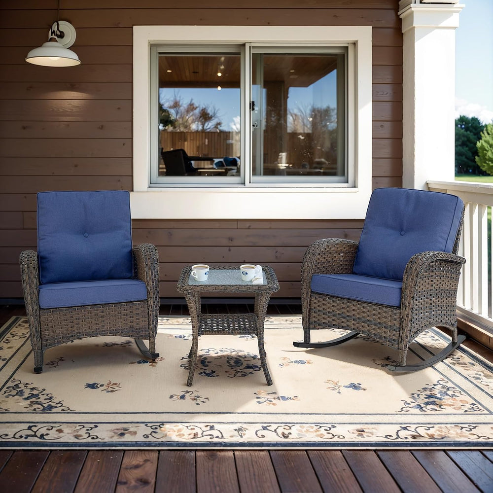 Belord Wicker Porch Rocking Chairs - 3 Pieces Patio Bistro Set High Back Outd...