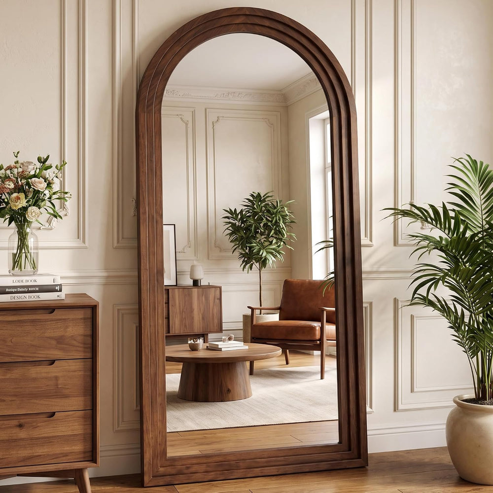 76"x34" Arched Full Length Mirror, Large Wood Floor Mirror, Walnut