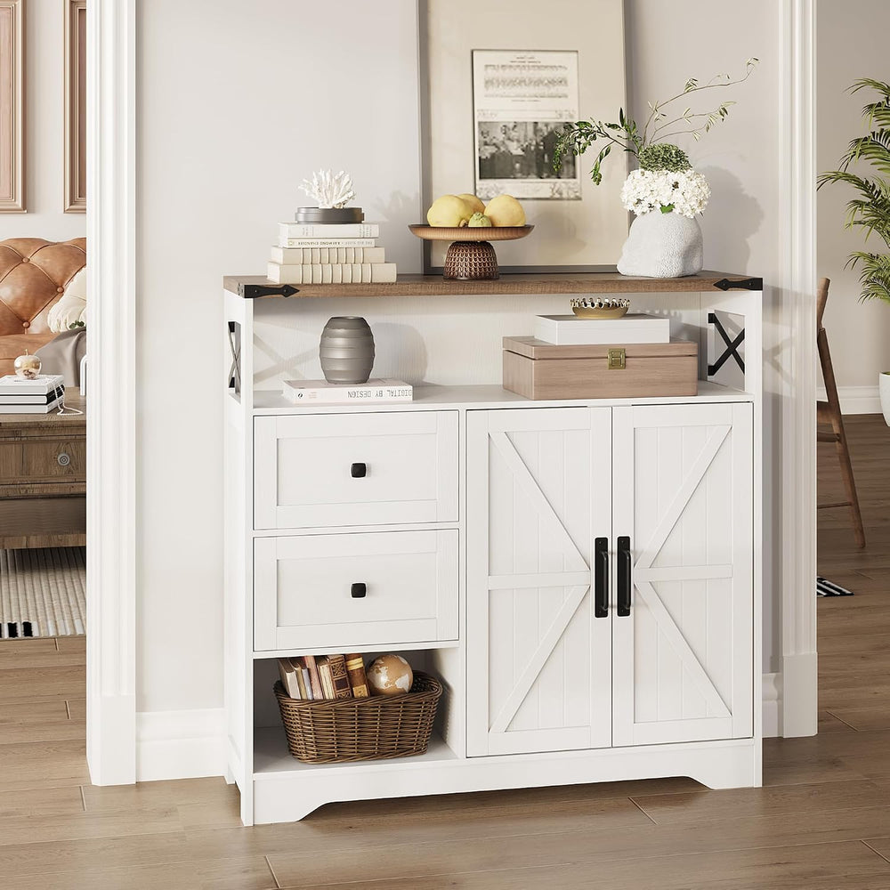 Fameill Farmhouse Storage Cabinet with Drawers and Open Storage, White