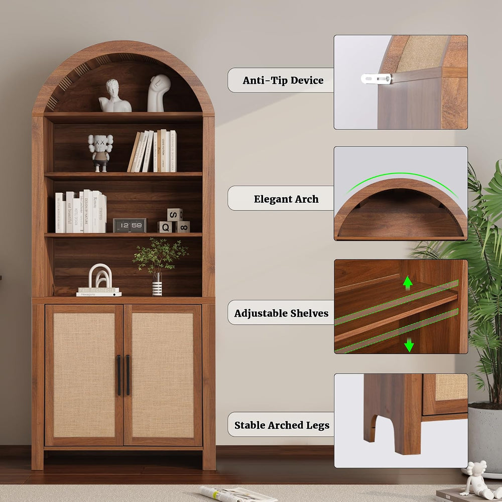 Janmer Home 71" Tall Boho Rattan Arched Bookcase with Doors,Walnut