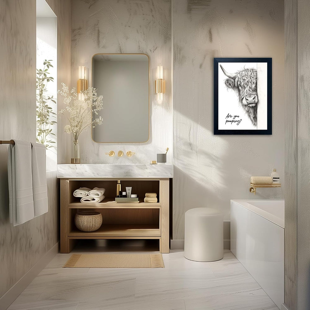 Funny Highland Cow Bathroom Wall Art - Rustic Farmhouse Wall Decor with Humor...
