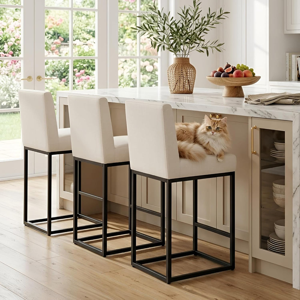 HNY Modern Counter Height Bar Stools Set of 3, 27 Inch Cream Linen Barstool
