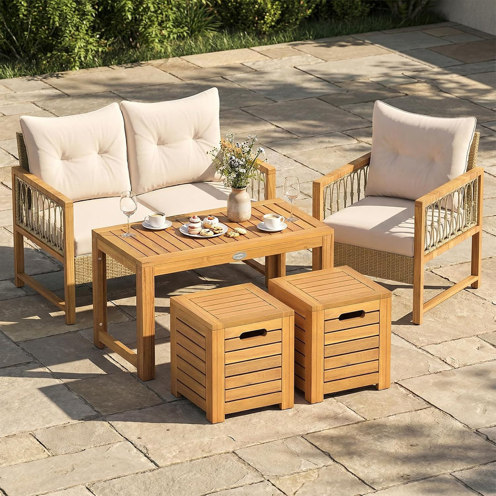Tangkula Acacia Wood Outdoor Coffee Table with Stools Set of 2, 3 Pieces Pati...