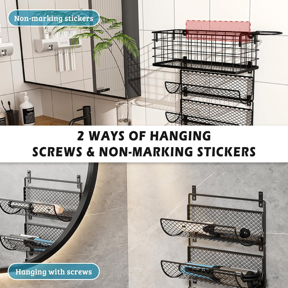 Wall-Mounted Hair Dryer Holder Styling Tool Organizer 4-Shelf Storage Wire Ba...