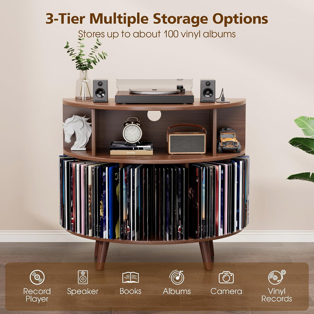 31.5" Record Player Stand with Power Outlet, Curved Vinyl Storage Cabinet