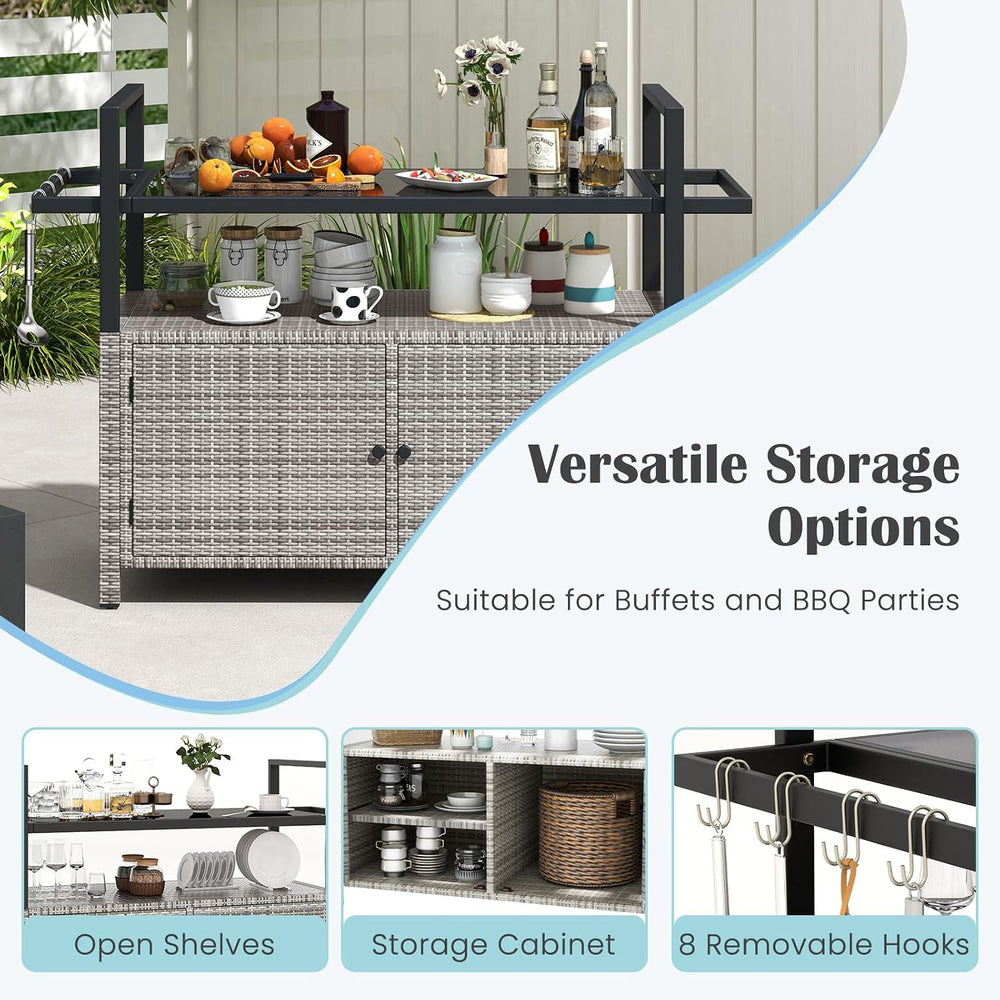 Tangkula Wicker Rolling Outdoor Bar Cart with Tempered Glass Table, Gray
