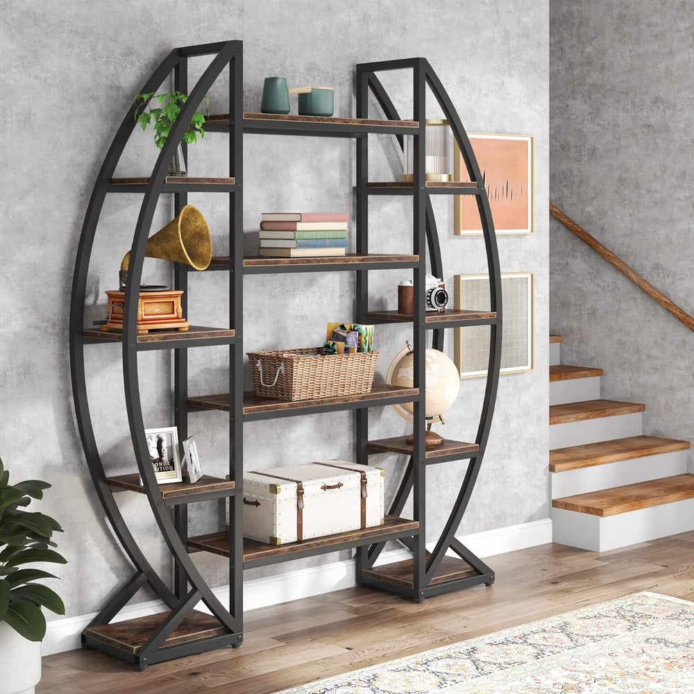 Tribesigns Oval Bookshelf, Triple Wide 5 Tier Etagere Bookcase, Industrial Di...