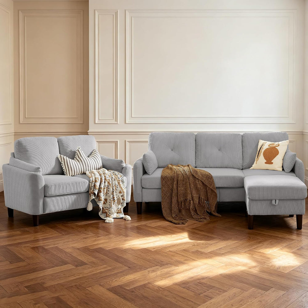 3 Piece Sectional Sofa Set , 3 Seat Couch & Loveseat & Ottoman, Light...