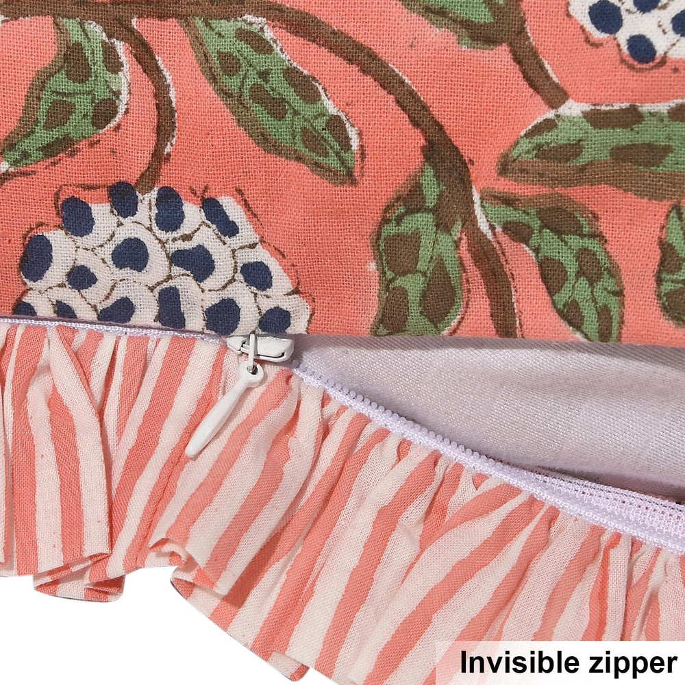 Ridhi Dark Salmon Pink Block Print Ruffle Pillow Covers 16x16 Inch Set of 2