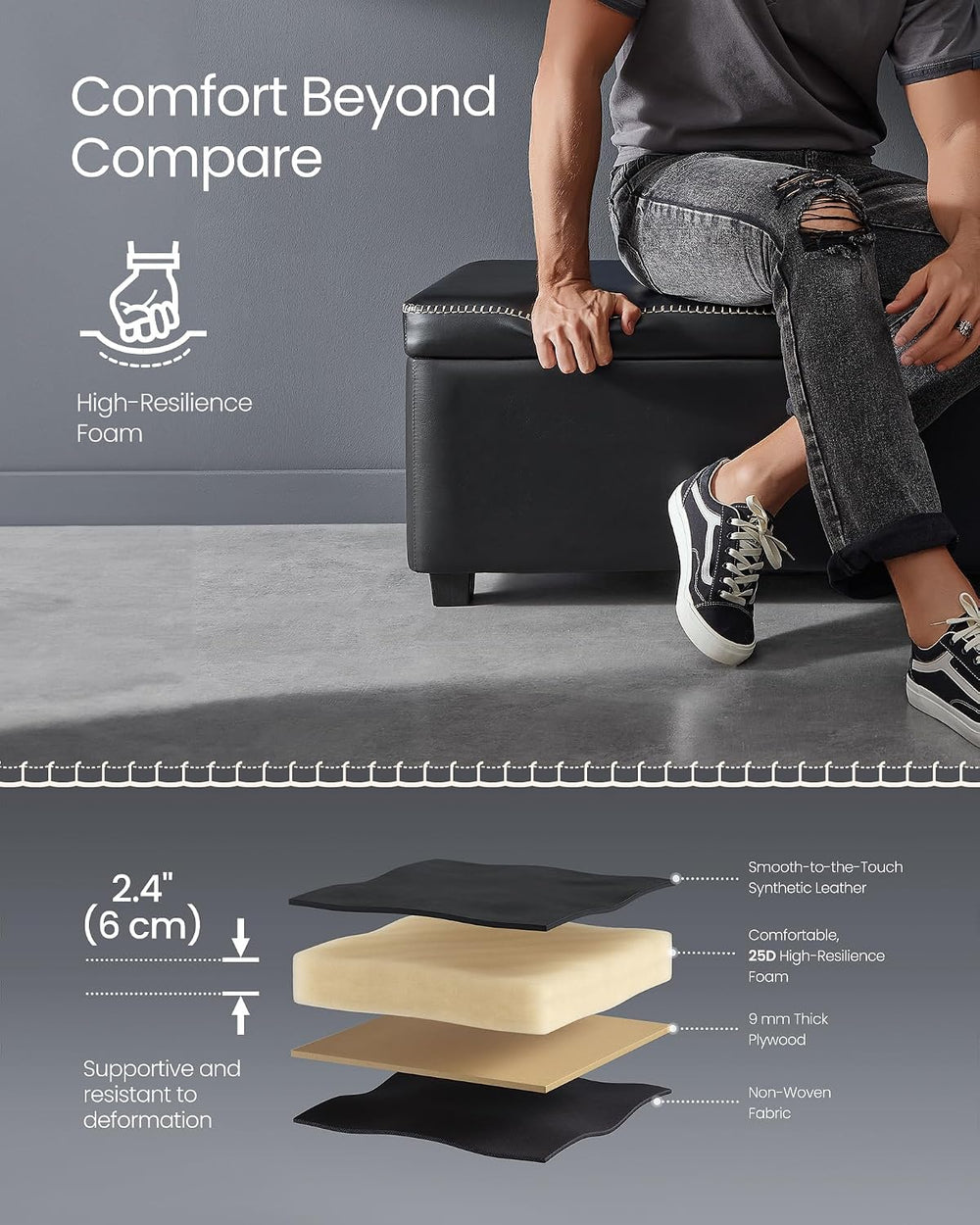 VASAGLE Storage Ottoman Bench with Stitching, PU Leather, Entryway Bedroom
