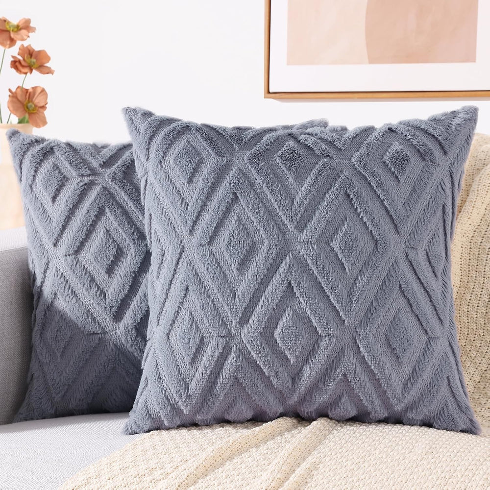 decorUhome Fall Faux Fur Blue Grey Throw Pillow Covers 26x26 Set of 2