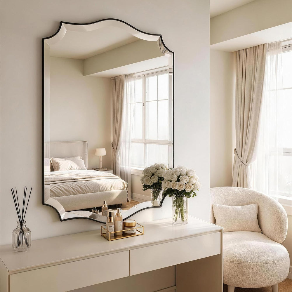 POZINO Scalloped Beveled Mirror 40"x28" Black Bathroom Mirror for O...