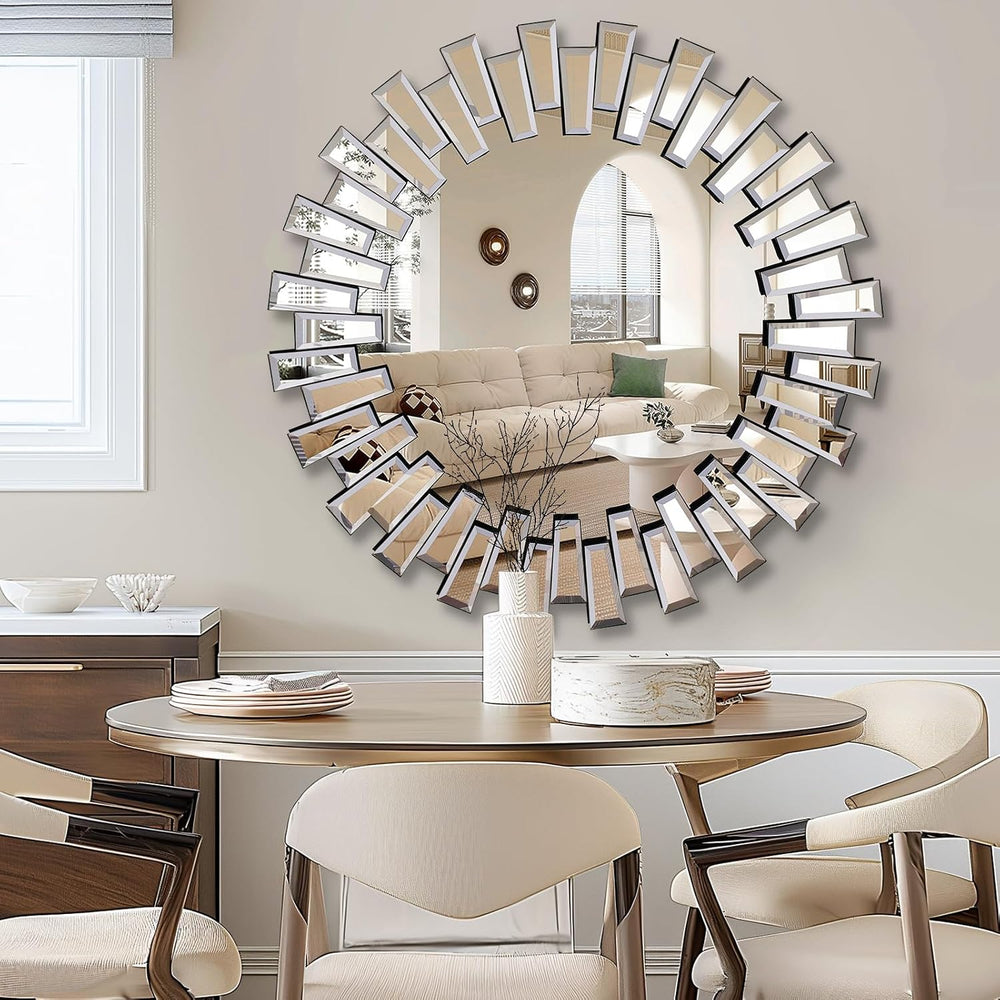 QDSSDECO 32" x32" Round Sunburst Wall Mirror, Frameless Beveled Edge
