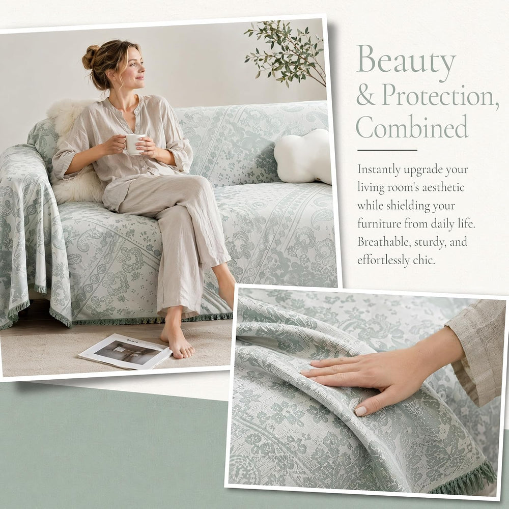 71x102 Inch Green Chenille Couch Cover, Reversible Chevron Blanket