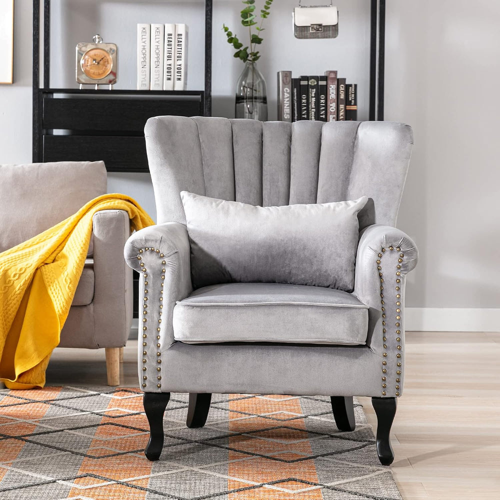 Mid Century Accent Chair Modern Tufted Wingback Armchairs Club Chair Velvet S...