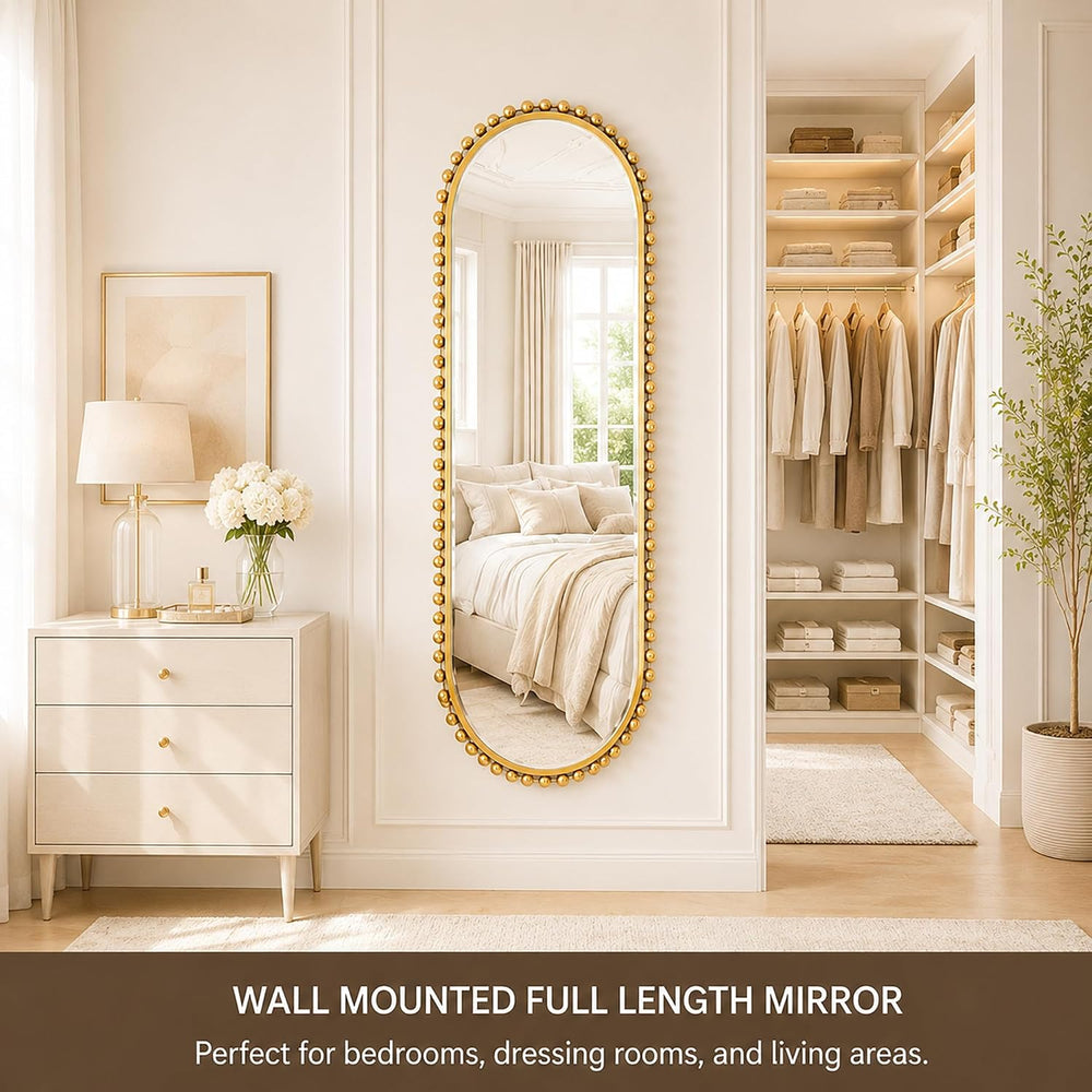 20"x53" Oval Full Length Wall Mirror, Unique Bold Beaded Frame