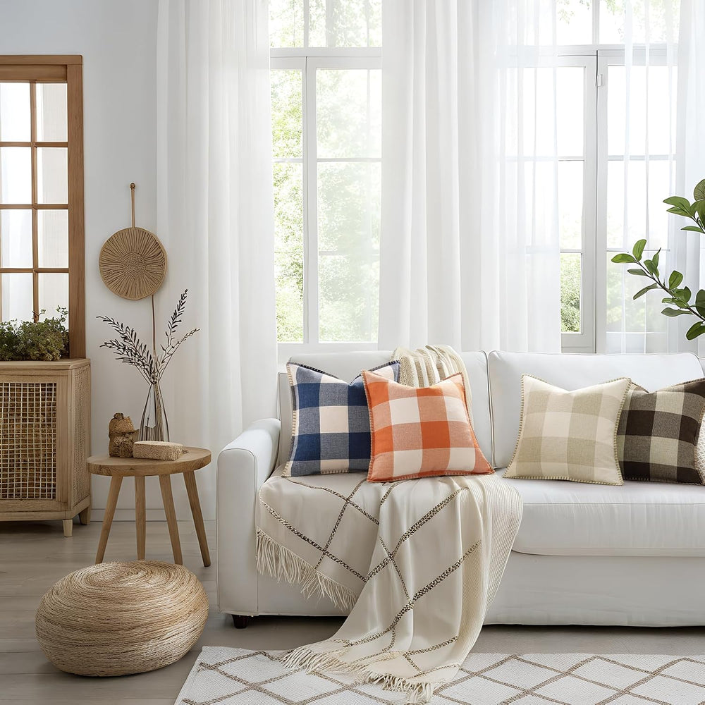 decorUhome Fall Plaid Linen Throw Pillow Covers 26x26 Set of 2 Navy Blue