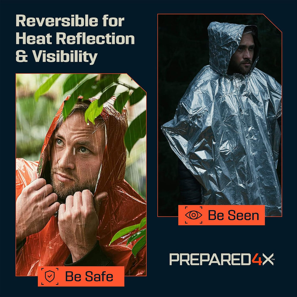 PREPARED4X Emergency Mylar Poncho – Survival Rain Poncho with Hood – Lightwei...