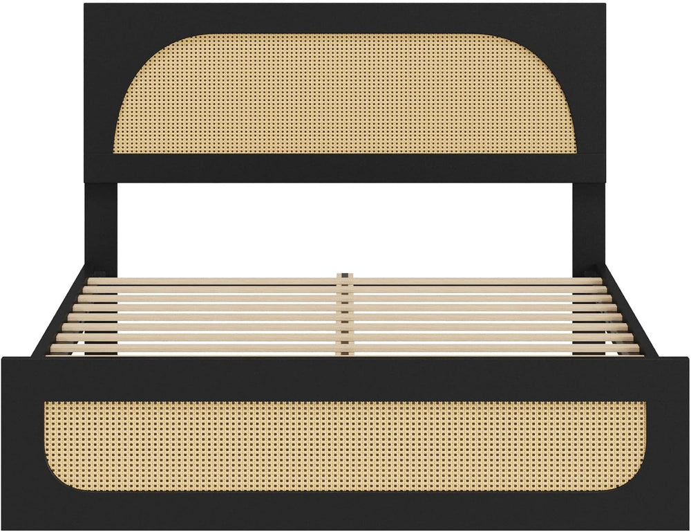 KISLOT Rattan Bed Frame with 2 Nightstands, Boho Platform, Black, Queen