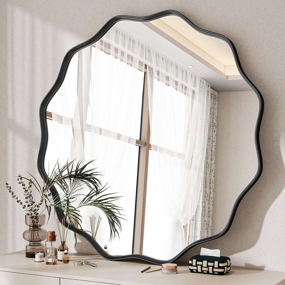 Wavy Round Mirror, 30" Scalloped Metal Frame Black Circle Mirror