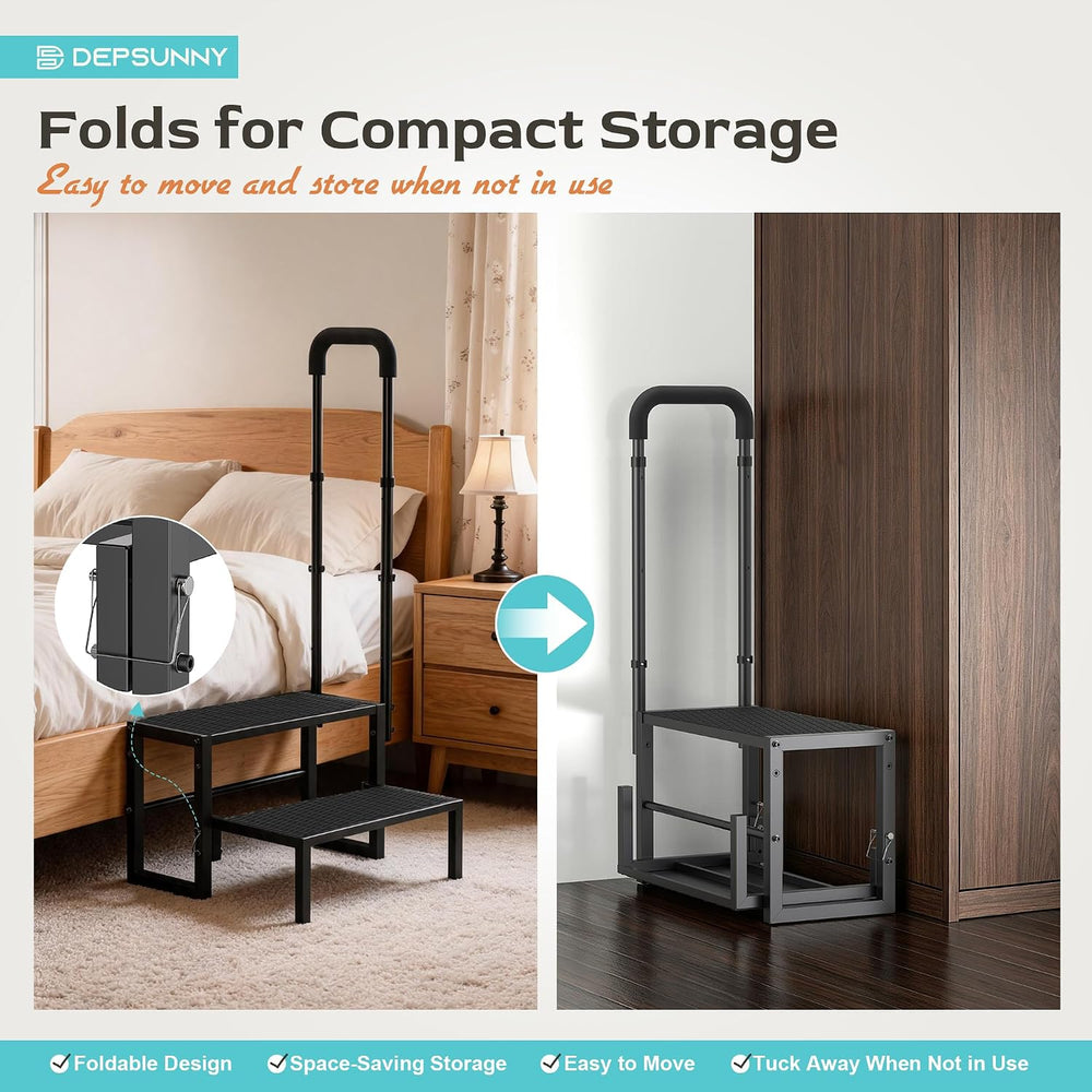 2-Step RV Steps with Handrail, Heavy Duty Anti-Slip Folding Stairs