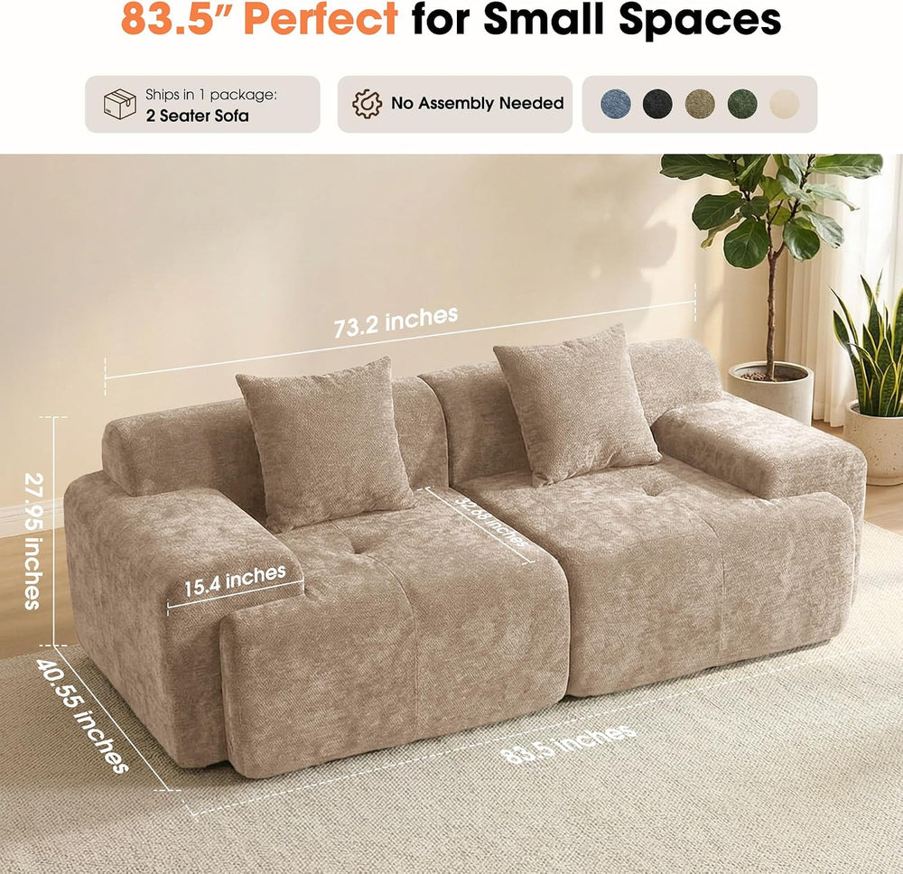 84" Modular Loveseat Couch, 30" Deep Seat Boneless Sofa, Khaki