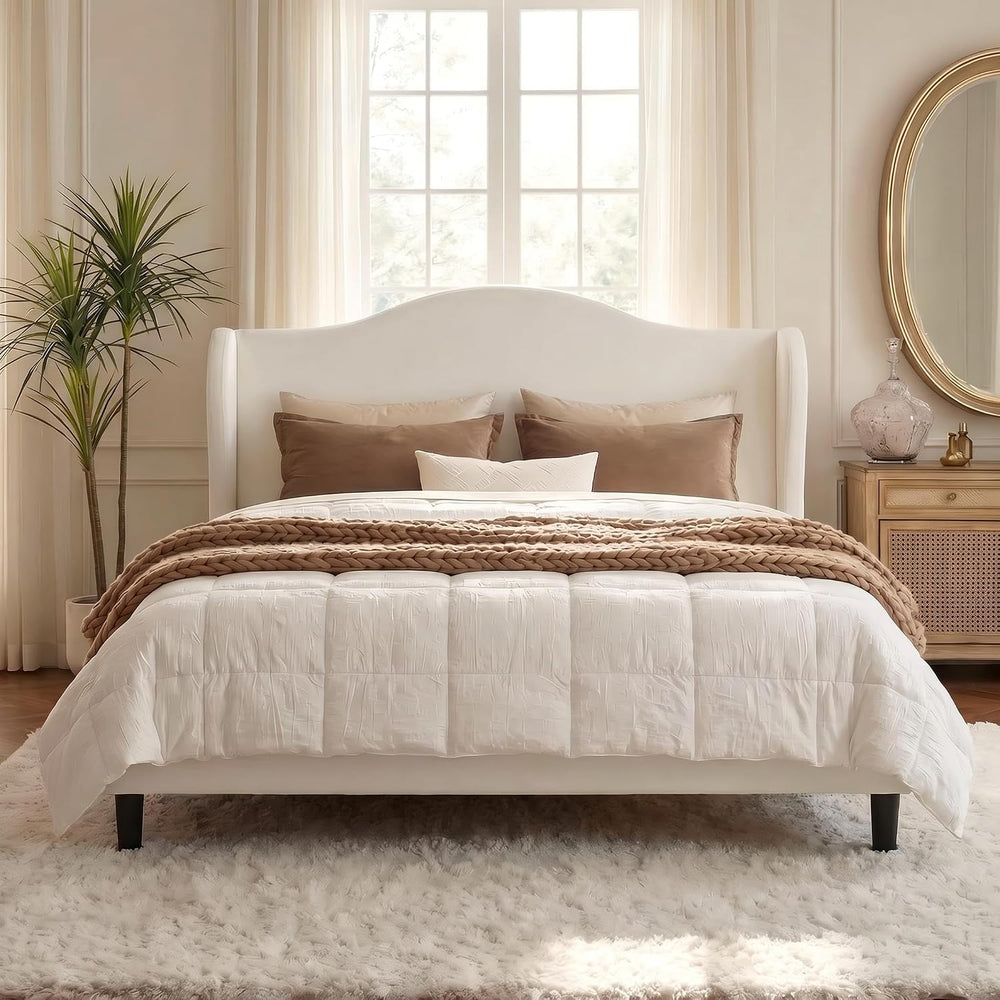 Allewie Queen Size Bed Frame, Plush Velvet Wingback, Modern Style, White