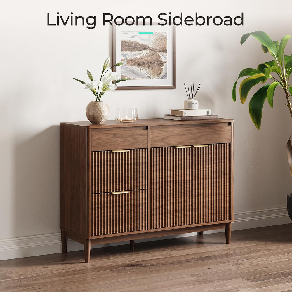 LINSY HOME 44.6" Fluted Buffet Sideboard Storage Cabinet Coffee Bar Walnut