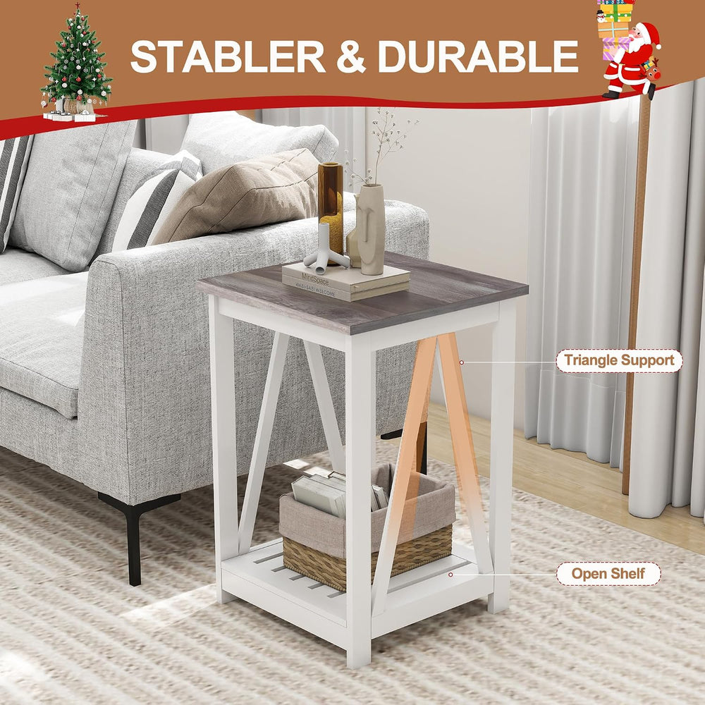 End Table, Farmhouse Square Side Table with Slat Shelf, 15.7" Oak White