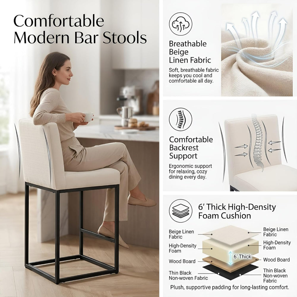 HNY Modern Counter Height Bar Stools Set of 3, 27 Inch Cream Linen Barstool