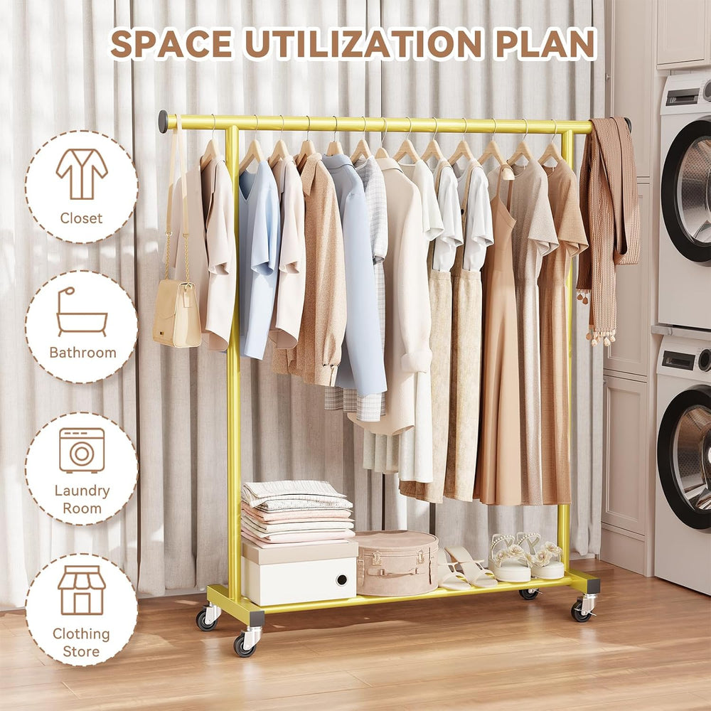Standard Clothes Rack, Rolling 60“L Clothing Garment Rack with Wheels for Han...