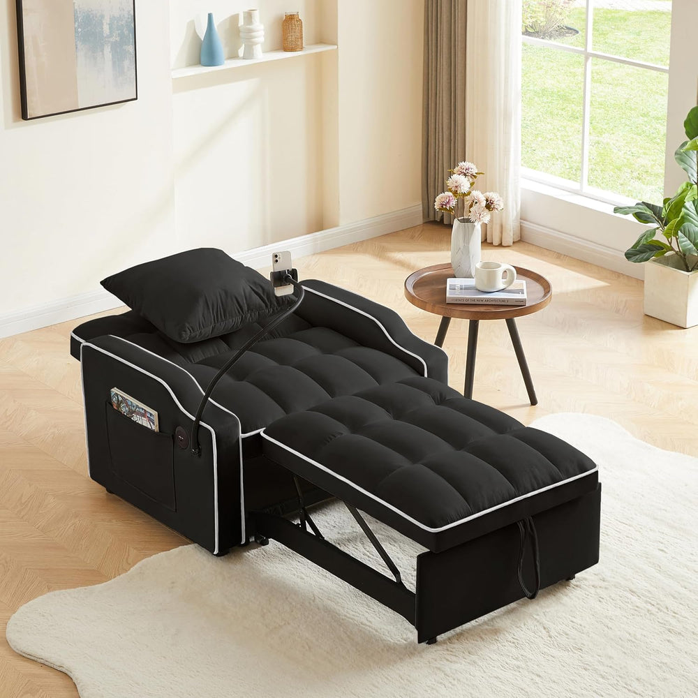 Single Sleeper Chair with USB Port, 3 In1 Pull Out Sofa Bed, Black