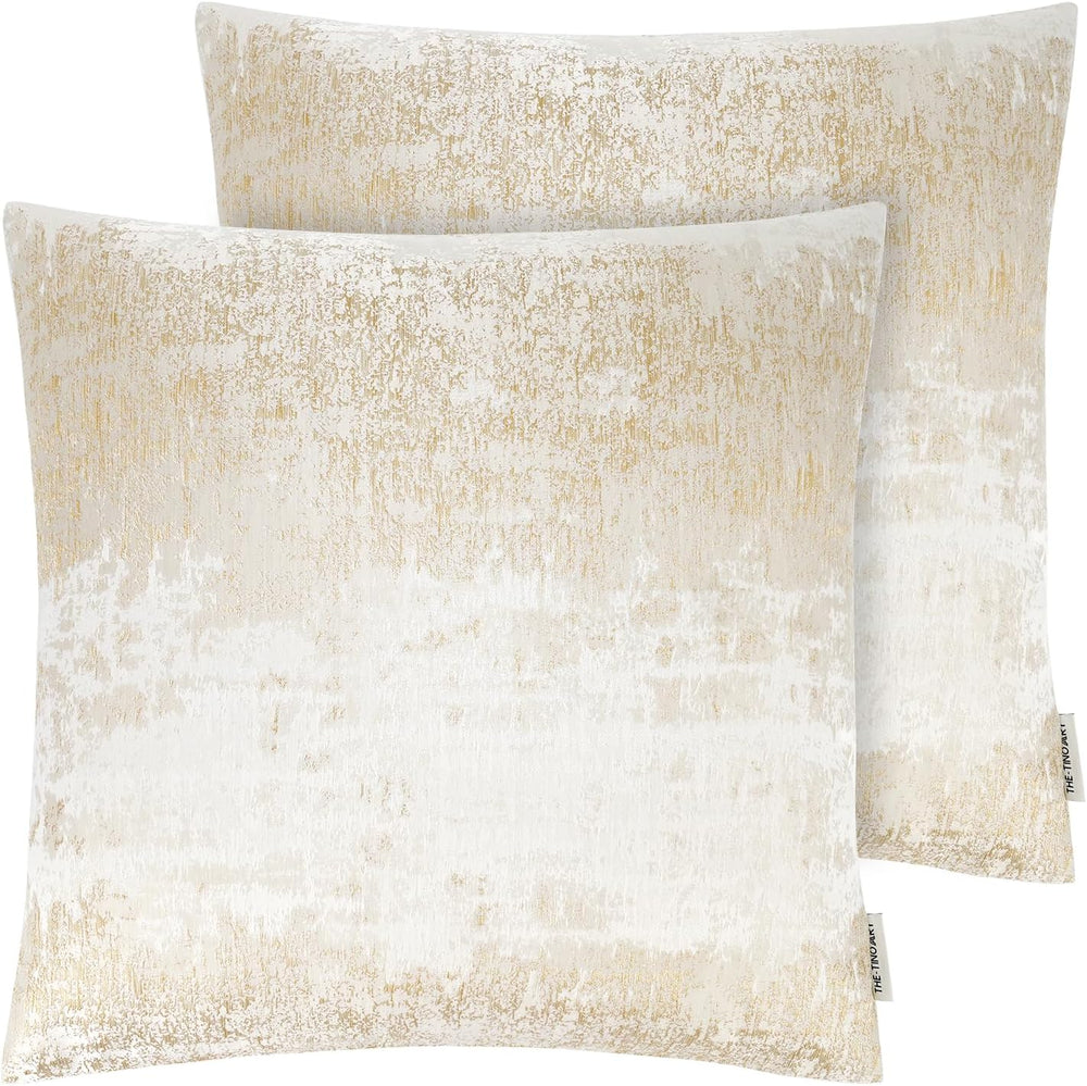 THE-TINOART Pack of 2 Textured Beige and Metallic Gold Jacquard Throw Pillow ...
