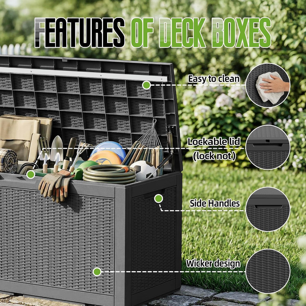 190 Gallon Outdoor Storage Box Waterproof Lockable Deck Box, Black