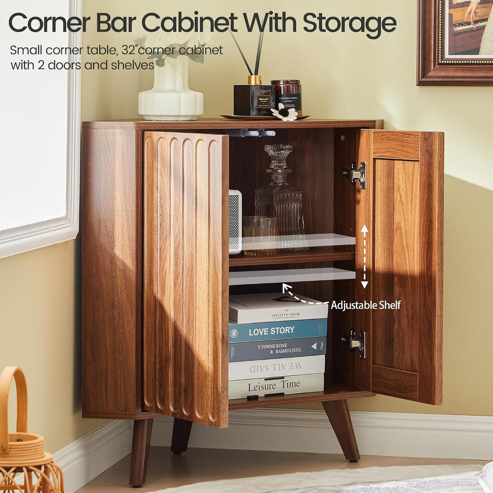Janmer Home Fluted Corner Storage Cabinet, Small Corner Shelf, Walnut