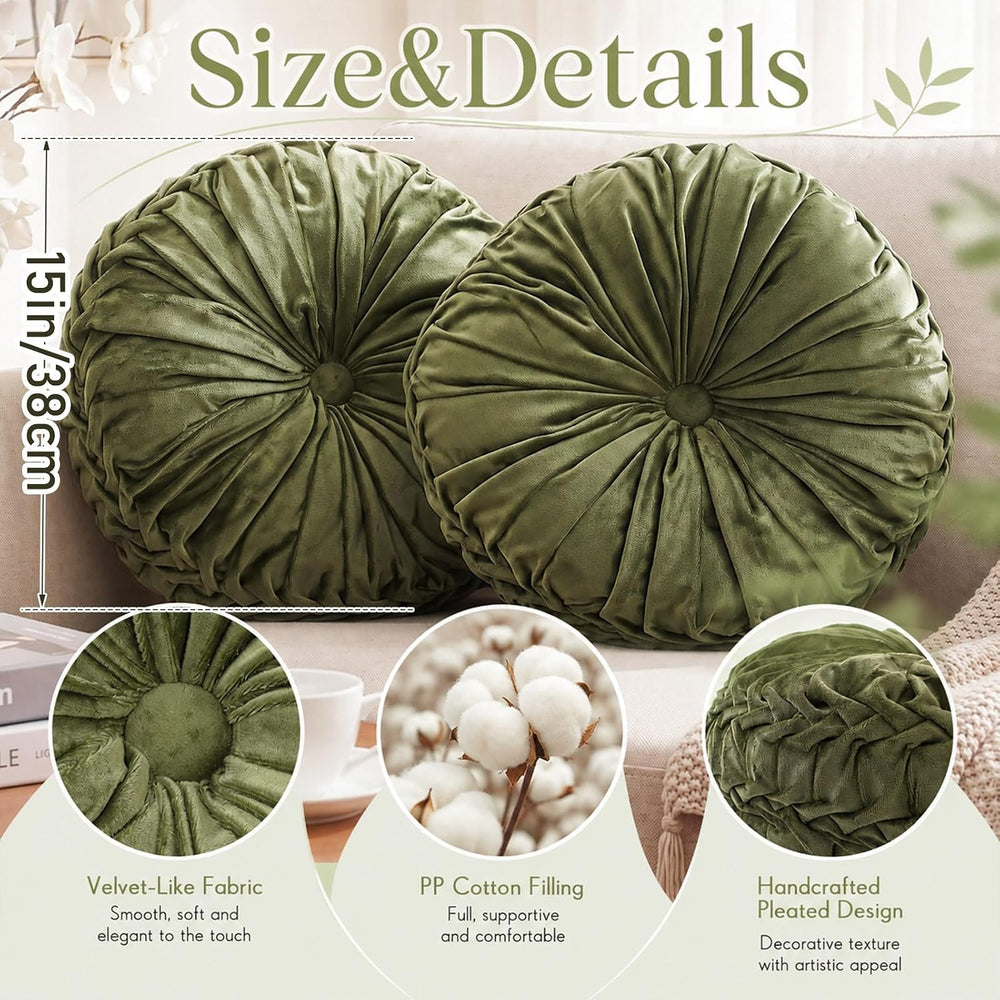 Drydiet 2 Pcs Round Throw Velvet Pillow (Dark Olive Green, 15'')